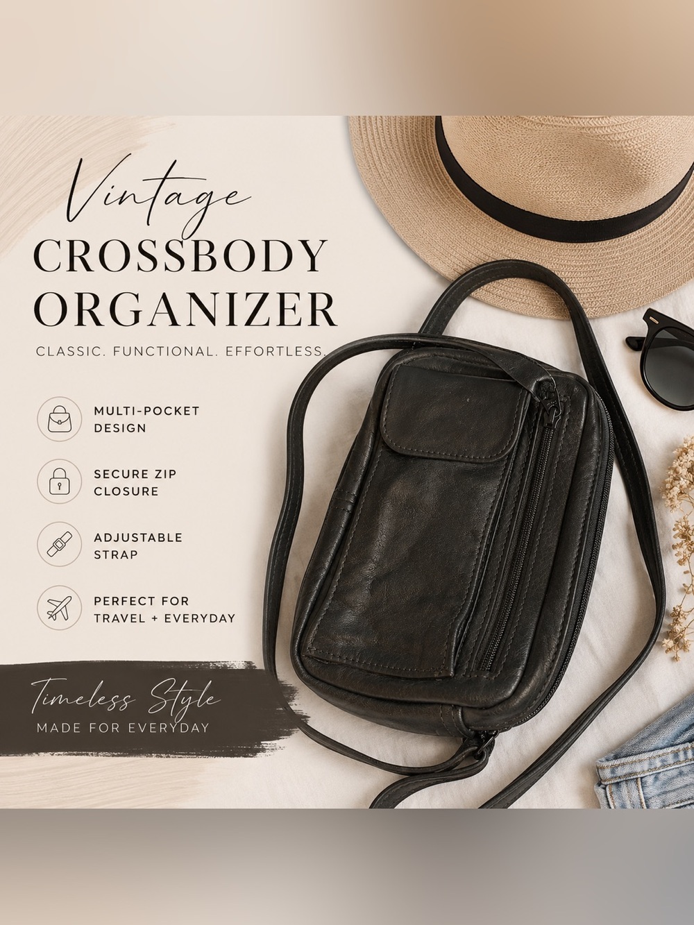 Vintage Black Faux Leather Crossbody Organizer Bag Multi-Pocket Travel Purse